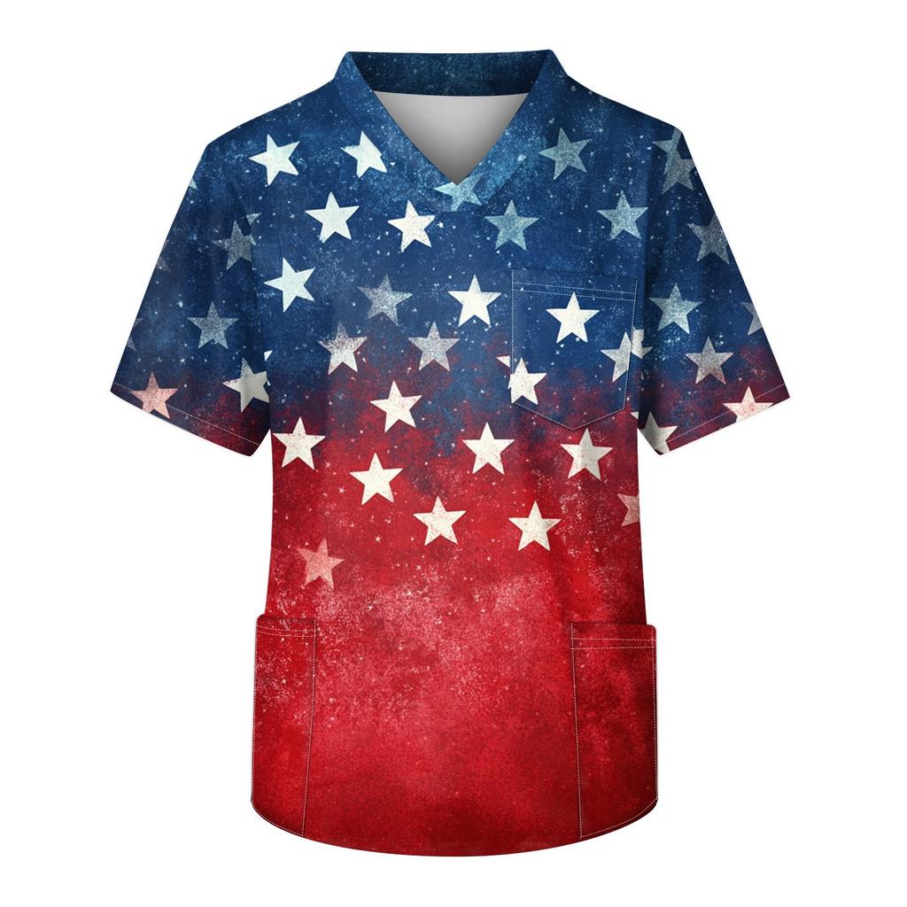 Men's Short Sleeve V-Neck Print Chest Pocket Care Top