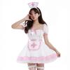 Cute Nurse Cosplay Costume Set Pink Trim Dress Apron Headband Puff Sleeve Outfit for Party Role  Playing Makeup Themed  Party