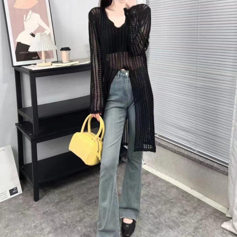Elegant V-neck Hollow Knitted Long Sweater Dress Women Fashion High Split Spring Summer Casual Simple Solid  Sunscreen Thin Blouse See Through Dresses
