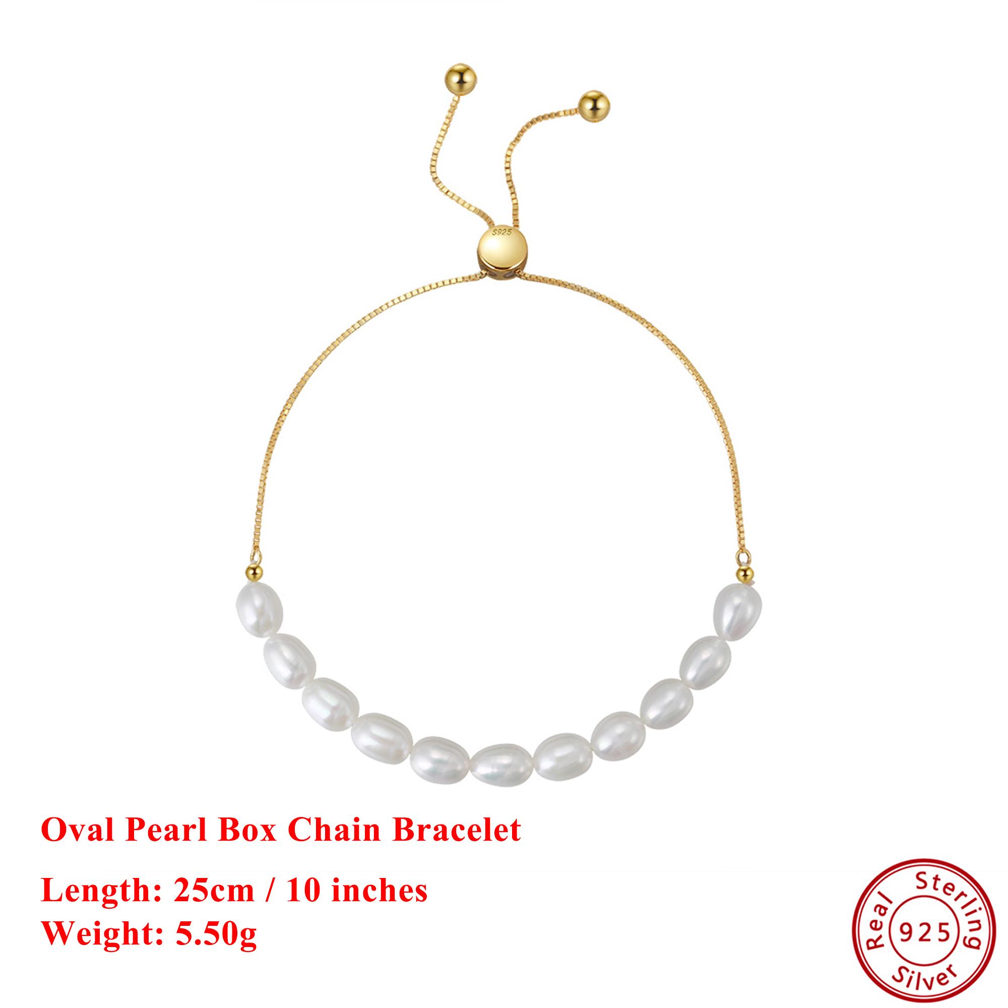 

EFFIE QUEEN 925 Pure Silver 14k Gold Oval Pearl Box Chain Bracelet Natural Jewelry for Women Summer Beach Banquet Party GPB13