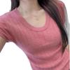 U-Neck Ice Silk Short-Sleeve Women's Summer Knit Top - Slim Fit, Elastic, Breathable, Hollow-Out Design