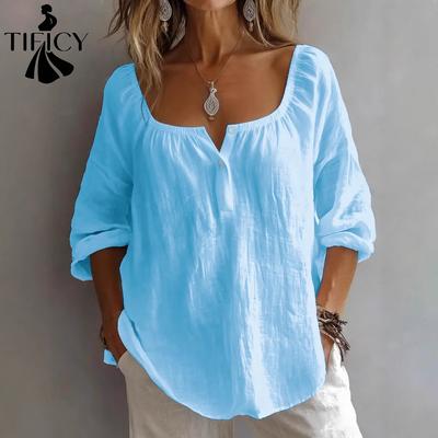 Camicette e camicie con scollo a V a maniche lunghe con stampa tinta unita primavera autunno moda casual da donna