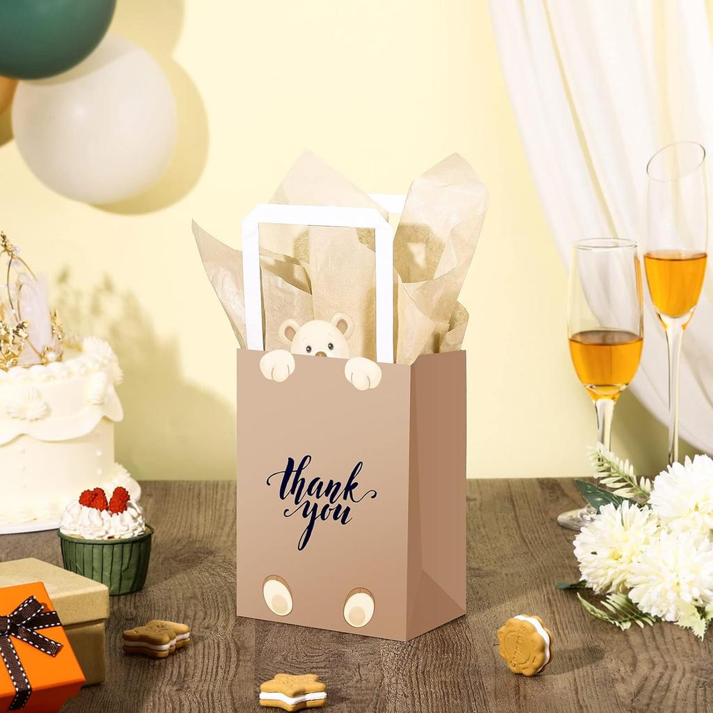 Eersida 16 Pcs Teddy Bear Thank You Gift Bags with Tissue Handles Baby Shower Bear Birthday Decorations Thank You Paper Bags Brown Candy Treat