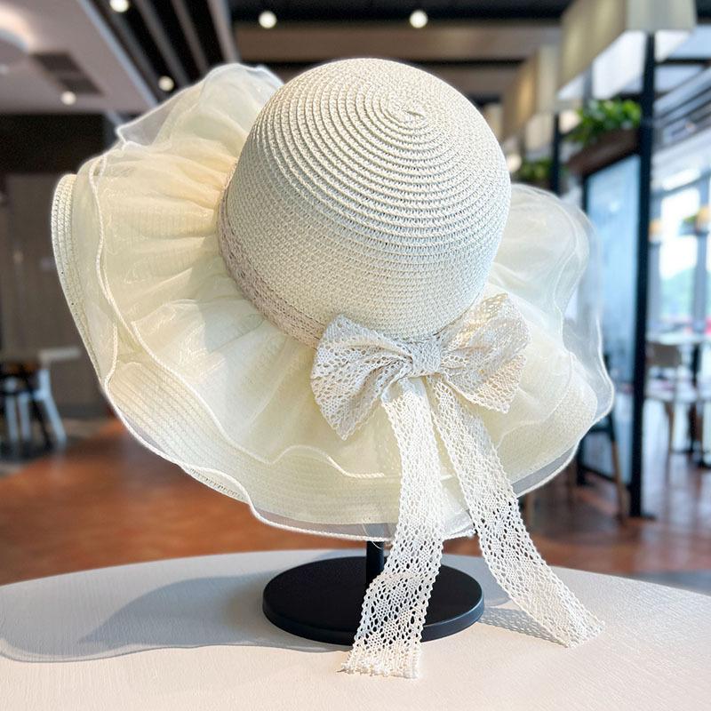 Mesh Bow Lace Straw Hat Children's Summer Big Brim Sun Protection Sun Hat Seaside Beach Vacation Sun Hat