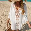 Cover Up Dress V-neck Long Sleeve Hollow Splicing Design Beach Cover Up Dress Pure Color Poolside Beachwear
