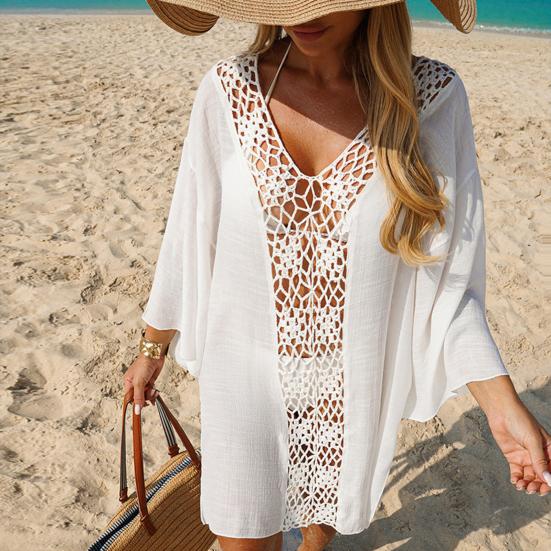 Cover Up Dress V-neck Long Sleeve Hollow Splicing Design Beach Cover Up Dress Pure Color Poolside Beachwear