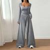 Women's Fashion Casual Long Sleeve Square Neck Wide Leg Jumpsuit Slim Fit Color