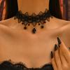 Vintage style dark red rose long fringed necklace goth black lace collarbone chain collar