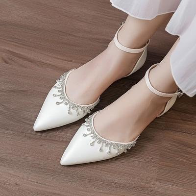 Weiße Leder Hochzeitsschuhe Sandalen für Damen Sommer Braut Flach Bequem Riemchen Quaste Kette Aushöhlendesign