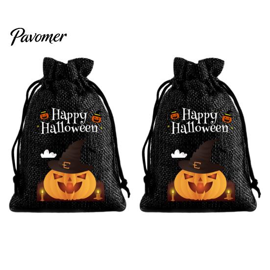 Trick or Treat Party Souvenirs 2Pcs Halloween Pumpkin Drawstring Bags for Candy Treats, Retro Burlap Rustic Linen Goodie Bags, Portable Kids