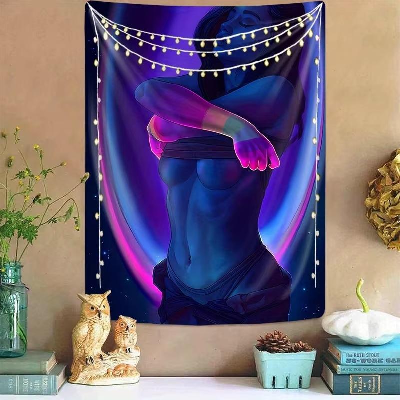 Dream Goddess Art Tapestry Elegant Female Starry Sky Purple Blue Gradient Living Room Sofa Background Wall Decoration