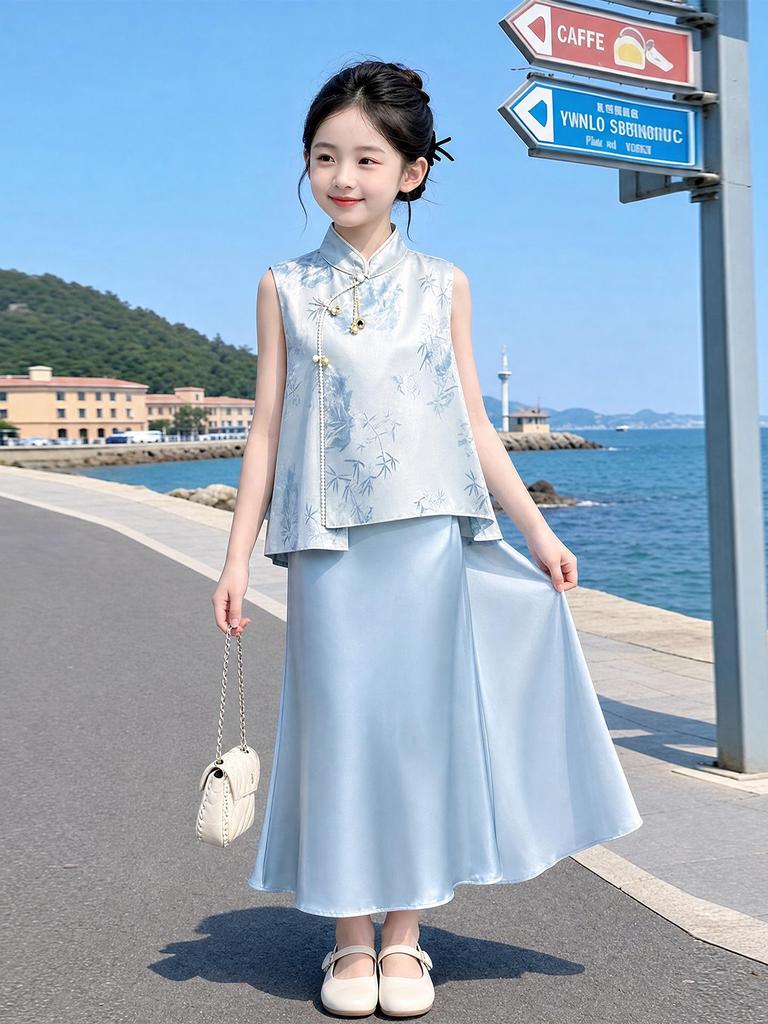 Chinese-Style Girls' Summer Two-Piece Outfit for Medium & Large Children - Retro, Stylish & Comfortable.