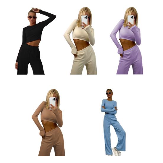Women 2 Piece Lounge Set Long Sleeve Cropped Pullover Top Wide Leg Pants Set Fall Crewneck Tracksuit Casual Outfits