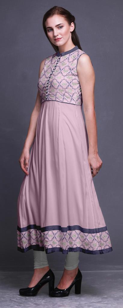 Bimba Black Floral Printed Women Designer Mandarin Collar Anarkali Dress Indian Ethnic Kurta