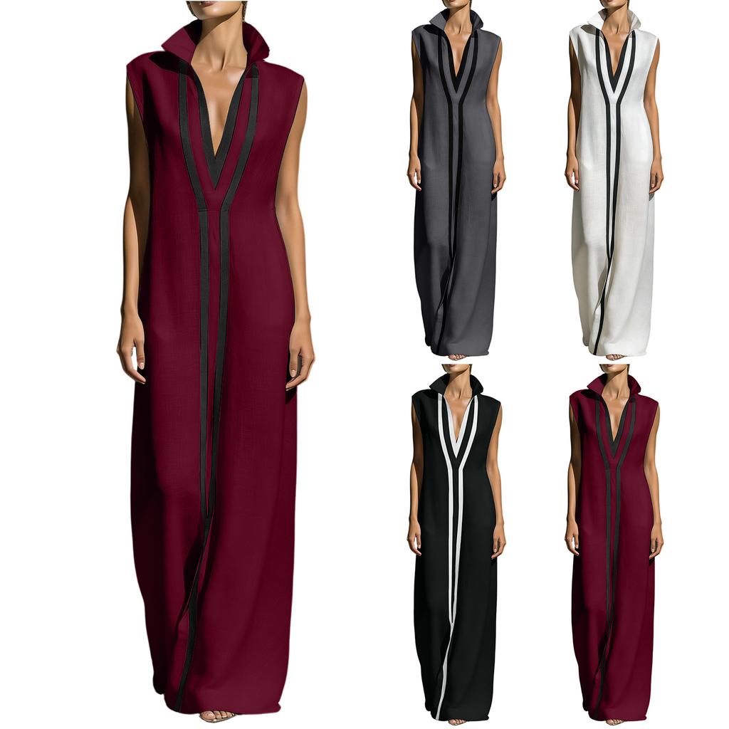 Sleeveless Maxi Dress with V Neck and Contrasting Trim Long Length Relaxed Fit for Casual or Formal Occasions