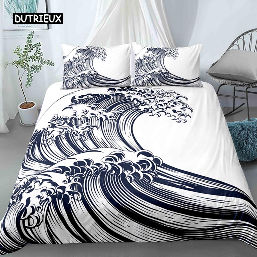 Ocean Wave Duvet Cover Set Beach with Foamy Waves Twin Bedding Set Polyester Sea Shore Holiday Theme Queen King Size Quilt Cover