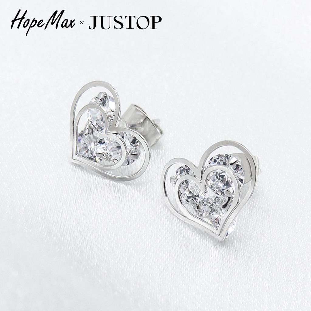 JUSTOP Korean Style Double Heart Zircon Rhinestone Earrings with Hollow Design