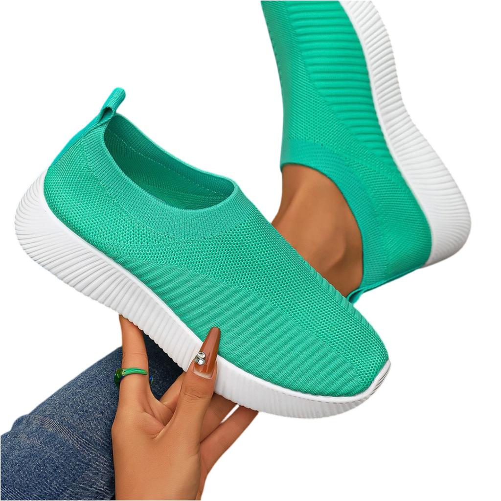 Women Breathable Lightweight Flyknit Slip On Sneakers Soft Sole Casual Flat Walking Shoes for Summer Outdoor Indoor Use
