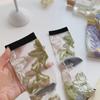 Korean Embroidery Crystal Silk Socks Middle Tube Socks Floral Hosiery Women's Socks Flower Socks