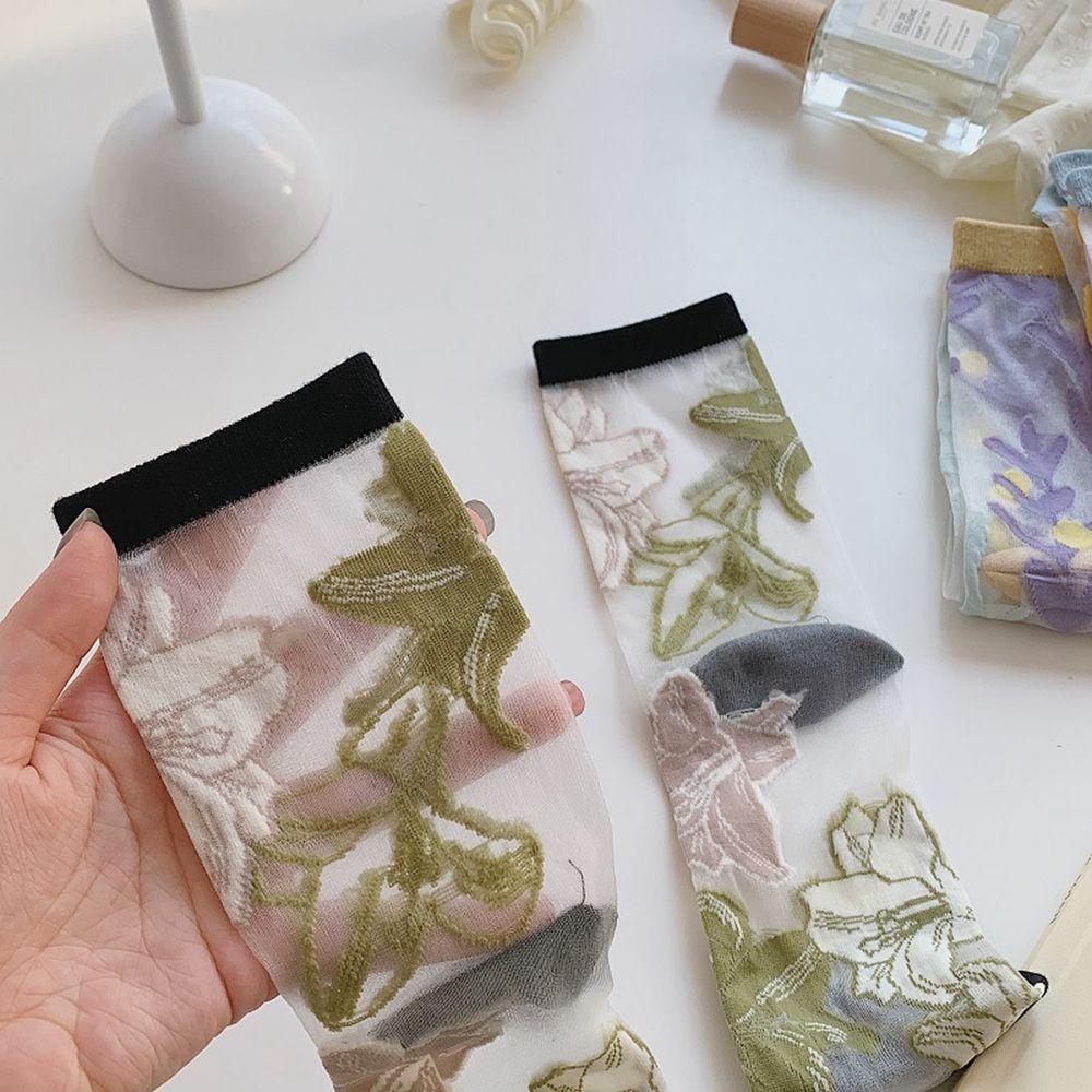 Korean Embroidery Crystal Silk Socks Middle Tube Socks Floral Hosiery Women's Socks Flower Socks