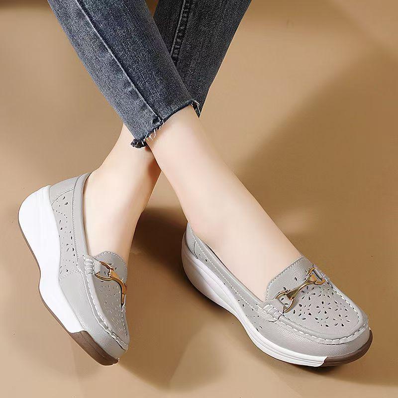 Women's New Leather Hollow Out Wedges Casual Shoes Thick Sole Non Slip Round Toe Shallow Slip On Lightweight Loafer Shoes