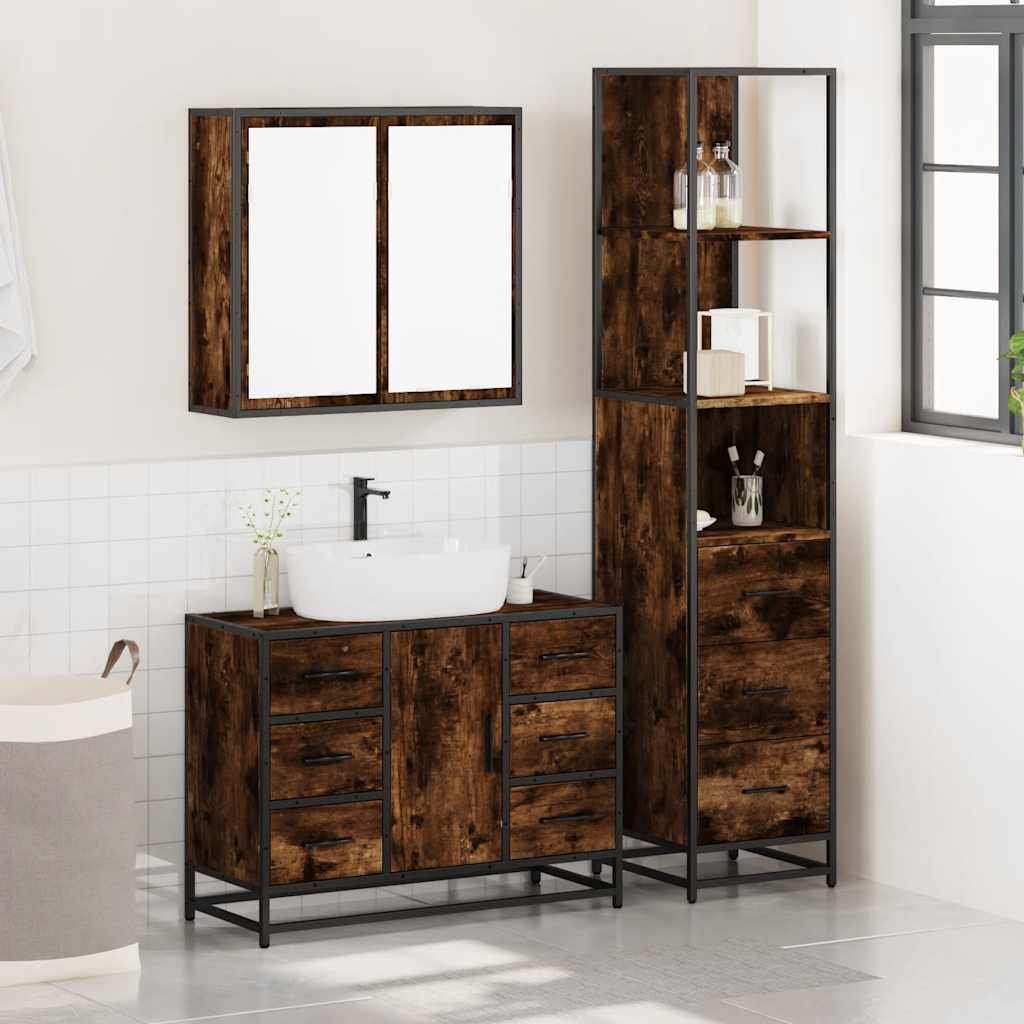 3 Piece Bathroom Furniture Set Smoked Oak Wood Based Material