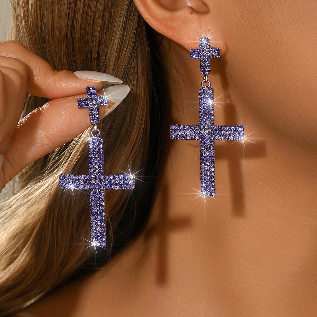 Cross Rhinestone Earrings Long Full Diamond High-End Fashion Earrings Women'S Earrings