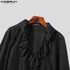 INCERUN Herren Gekräuselte V-Ausschnitt Langarm Mesh Sheer Tops Casual Patchwork Hollow Out Shirts