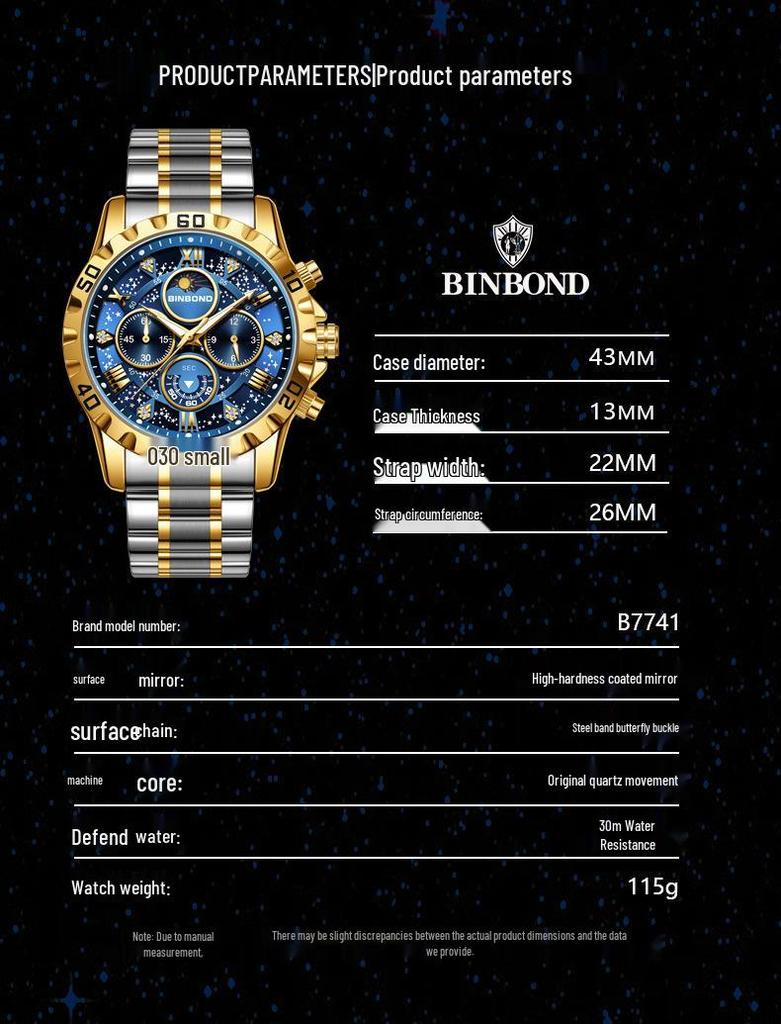 BINBOND Men's Luminous Stainless Steel Moon Phase Quartz Watch
