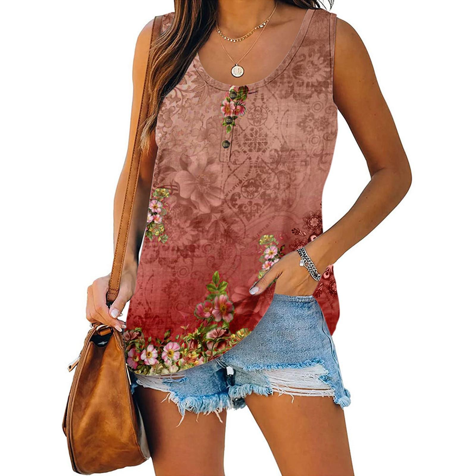 

Женская летняя повседневная футболка без рукавов с цветочным принтом и круглым вырезом, топы, блузка XL красный