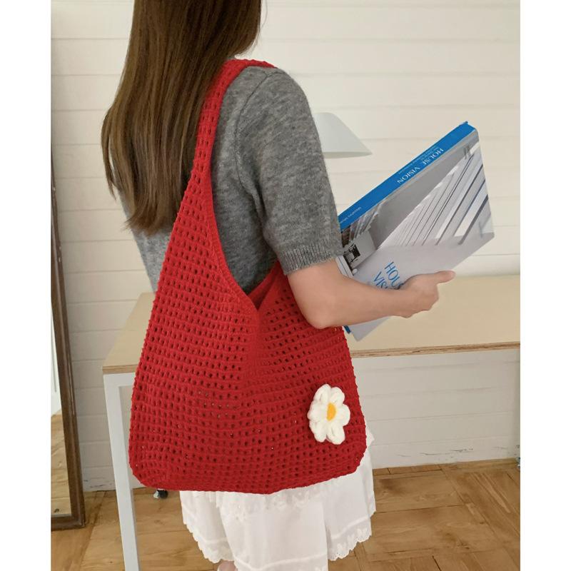 Flower Print Knit Bag for Women Hollow Out Mesh Tote Shoulder Purse Soft Woven Handbag Casual Daily Outing Bag