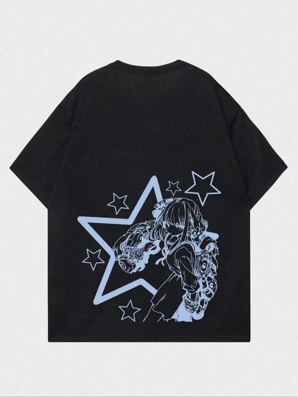 Men s Star & Cartoon Print Drop Shoulder Tee, Street Fashion Casual Graphic Half M