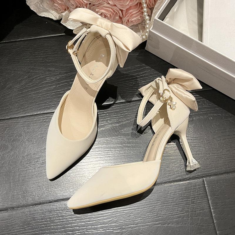 

Женские туфли на высоком каблуке весенние новые с бантом на тонком каблуке вырез мужские туфли-лодочки с пряжкой в стиле феи с французским острым носком 39 бежевый