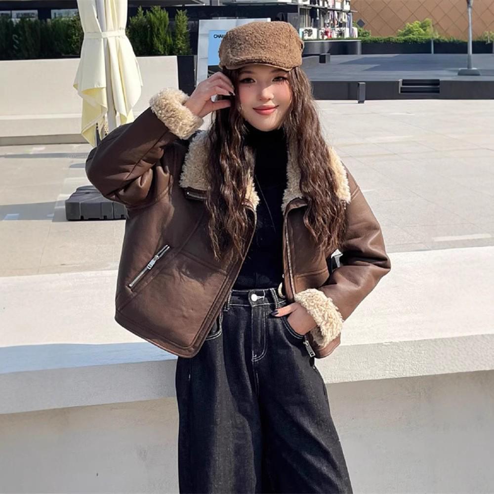 Women's 2024 Winter Korean Lapel Lambswool Fleece Short Leather Coat