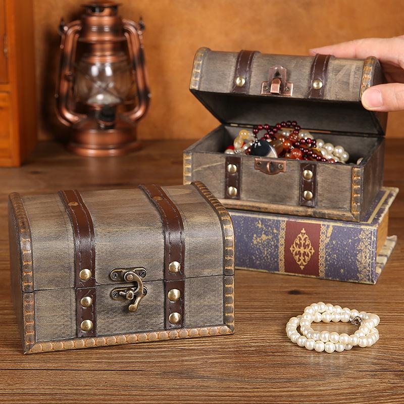 Vintage Wooden Jewelry Storage Box with Lock - Ideal for Earrings, Necklaces, Gifts, and Photography Props.