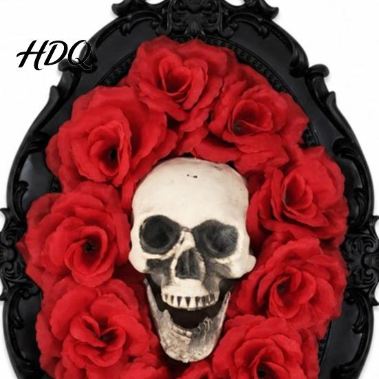Retro Gothic Skull Decor Halloween Wall Decoration Vintage Red Rose Frame Sculpture Aesthetic Art Horror Spider Web Ornament for Holiday Party
