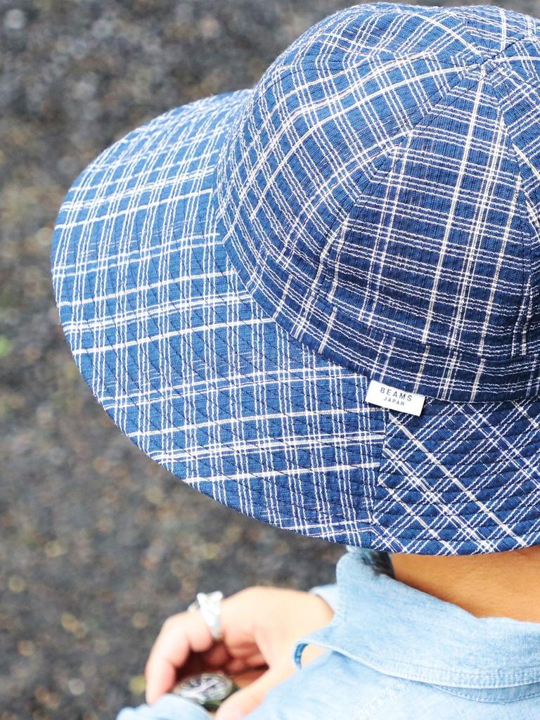 Beams Japan Hat (UNISEX Nagao Orimono Custom Shijira Weave Hat, SAX CHECK FREE)