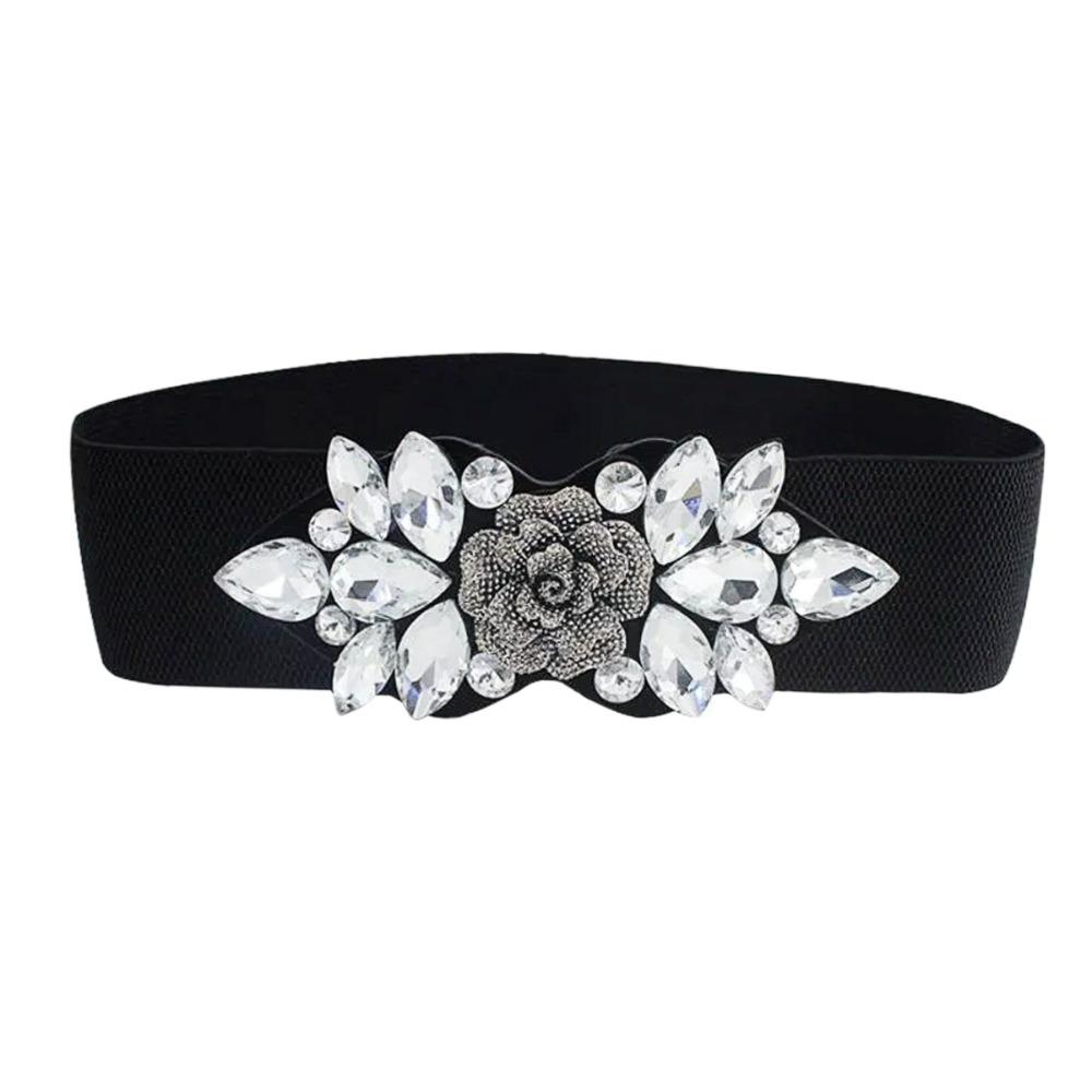 Rose Flower Women Waistband Wide Rhinestone Waist Belt Casual Elastic Cummerbunds Jacket