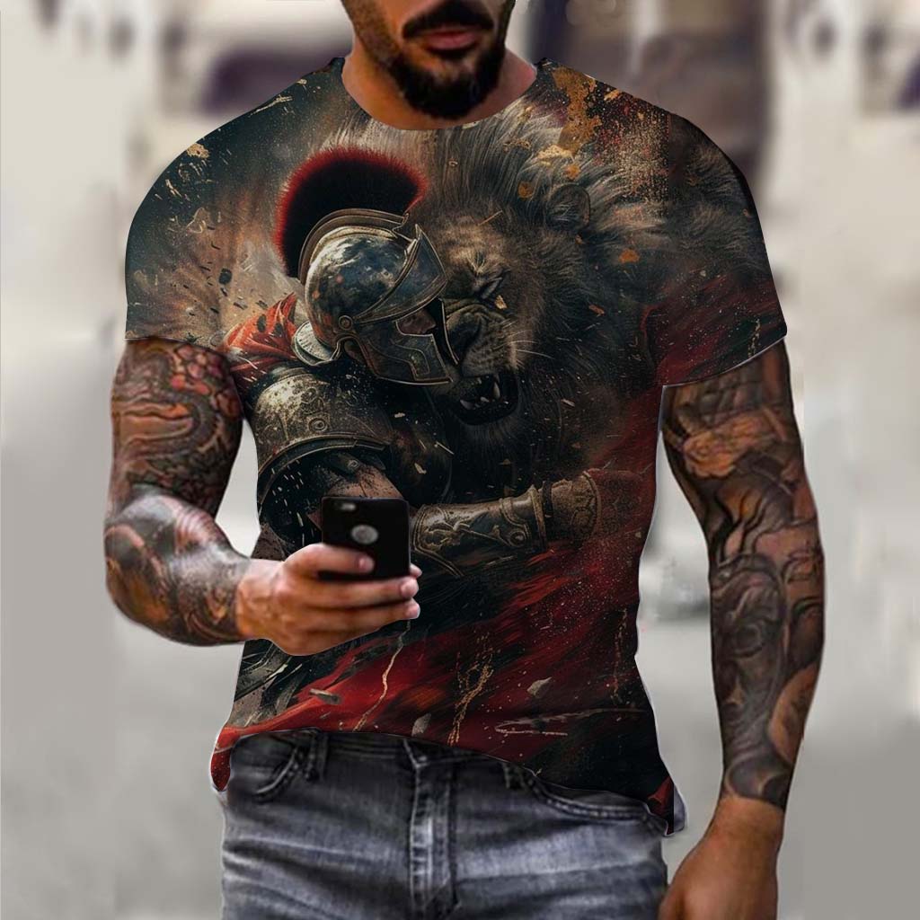 Spartan Warrior Pattern 3D Printed Men's T-shirt Summer Fashion Casual Street Wear Nostalgic Retro Style Short Sleeve Clothing