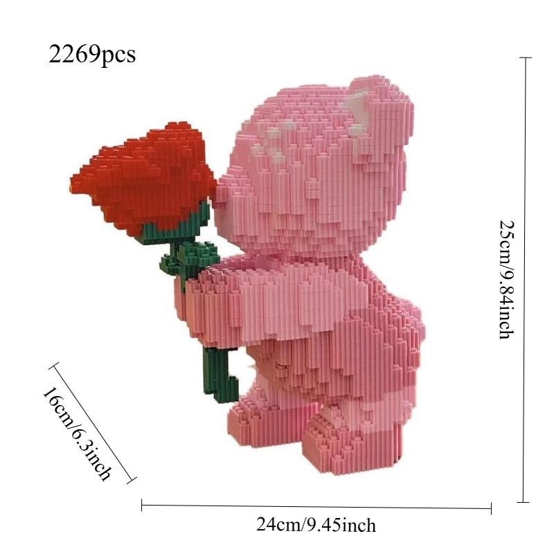 Cute Cartoon Pink Flower Teddy Bear Building Block Toy Educational Toy for Kids Couple Gift Desktop Decorations