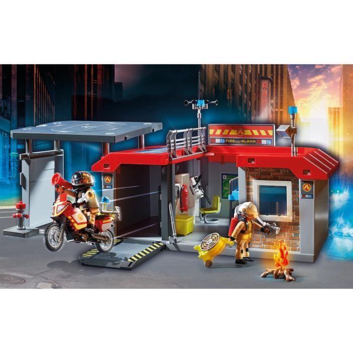 PLAYMOBIL - Caserne de pompiers transportable - City Action - Avec moto et hélicoptère