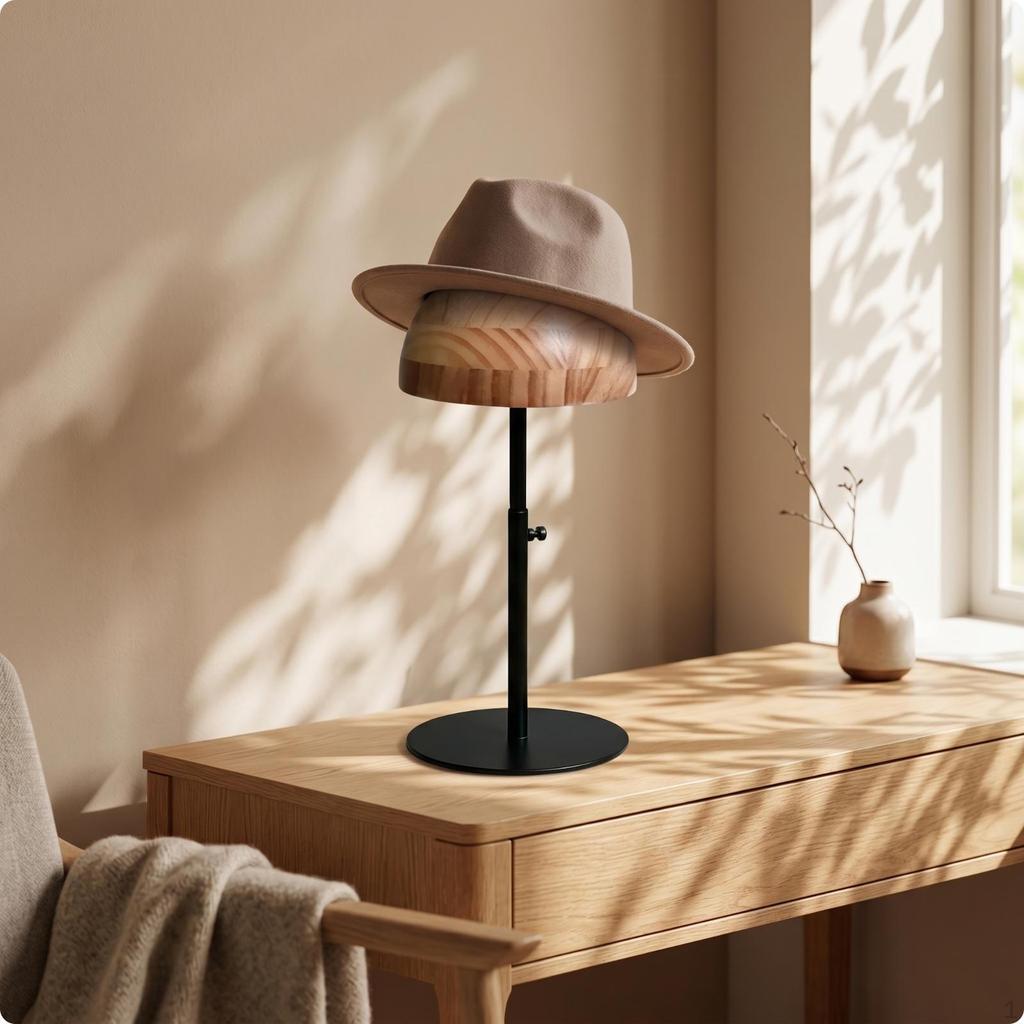 Adjustable Hat Display Stand Round Base Wooden Side Knob Woodwhite
