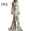 Floor Length Dress Women Skeleton Print Maxi Dress, Gothic Long Sleeve with Evening 3D Flower Decor, Velvet Floral for Halloween Costume Party