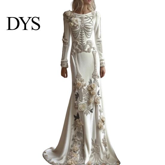 Floor Length Dress Women Skeleton Print Maxi Dress, Gothic Long Sleeve with Evening 3D Flower Decor, Velvet Floral for Halloween Costume Party