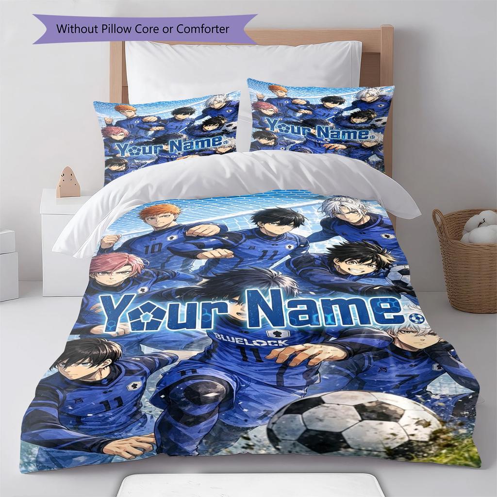 Blue Lock Soccer Custom Name Pattern Bedding Quilt Set Quilt Cover Pillowcase Home Birthday Gift(1 * Duvet Cover + 2 * Pillowcase, Without Core)