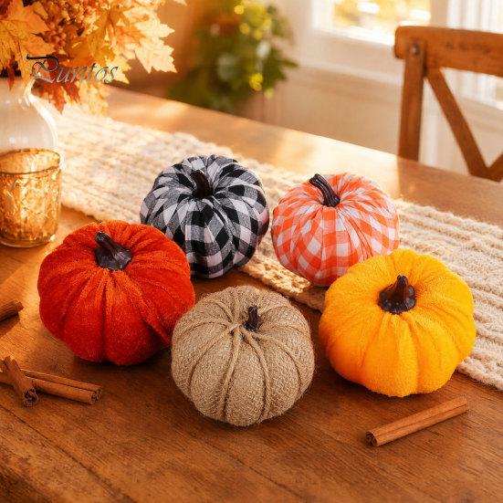 Burlap And Velvet Pumpkins 5 Pcs Fall Fabric Pumpkin Decor, Thanksgiving Farmhouse Stuffed Plaid Decoration, Harvest Small Faux for Home Table