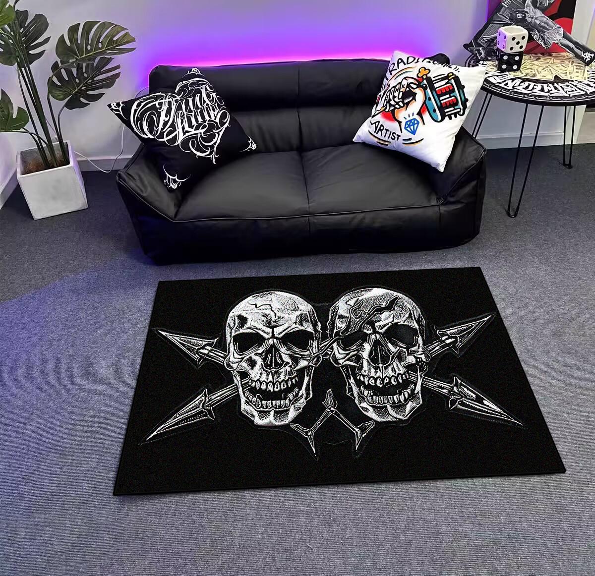 

Modern Skull Pattern Black Carpet Non-slip Living Room Rug Soft Easy Cleaning Machine Washable Big Size Entrance Mat 60*90cm
