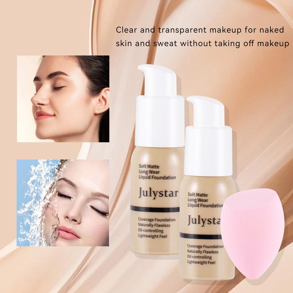 JULYSTAR Liquid Foundation Set Soft Matte Long Wear Waterproof Oil-Controlling Naturally Flawless Concealer Face Makeup Cosmetics with Beauty Sponge