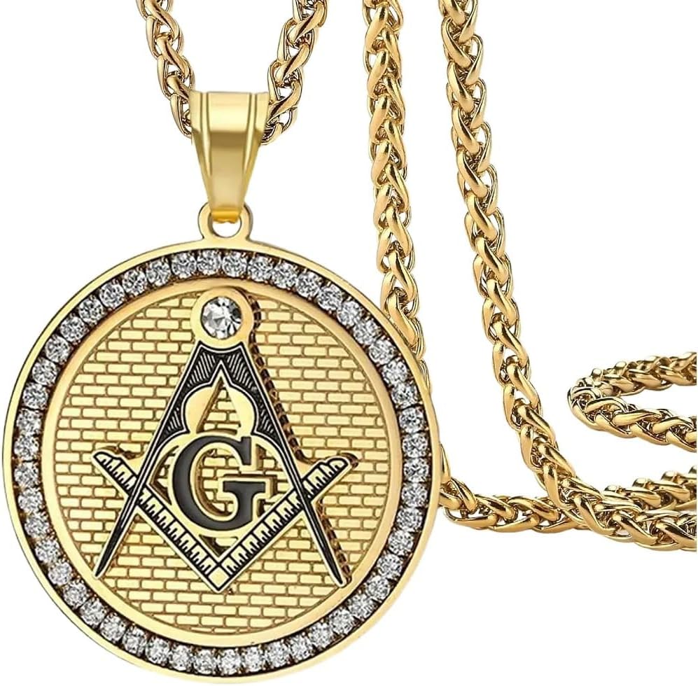 Masonic Symbol Necklace Men's Punk Rock Retro Stainless Steel Inlaid Rhinestone Masonic Round Pendant Amulet Jewelry