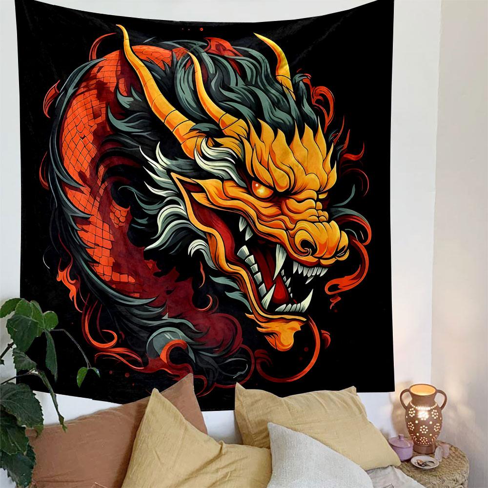 "Fiery Dragon Head with Horns Design" Patterned Tapestry Decorative Wall Hanging, Home Bedroom Living Room Decor